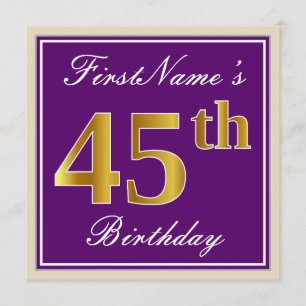 Elegant, Paars, Faux Gold 45th Birthday + naam Kaart
