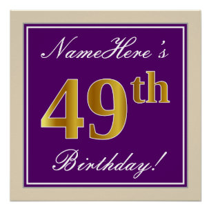 Elegant, Paars, Faux Gold 49th Birthday + naam Perfect Poster
