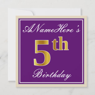 Elegant, Paars, Faux Gold 5th Birthday + Naam Kaart