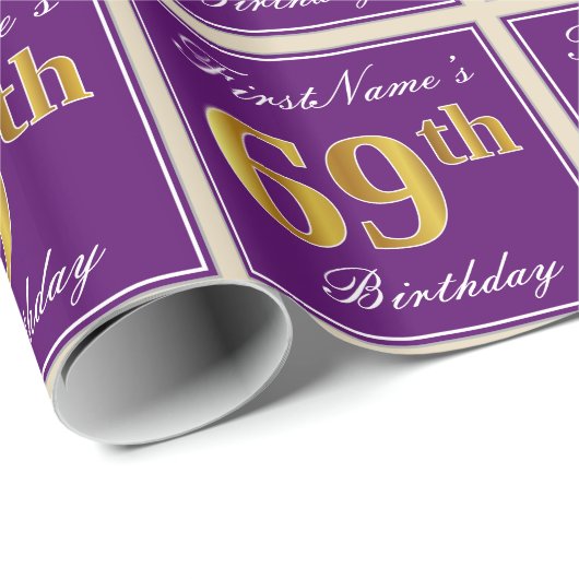 Elegant, Paars, Faux Gold 69th Birthday + naam Cadeaupapier (Rol Hoek)