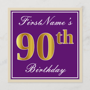 Elegant, Paars, Faux Gold 90th Birthday + naam Kaart