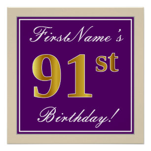 Elegant, Paars, Faux Gold 91st Birthday + naam Perfect Poster