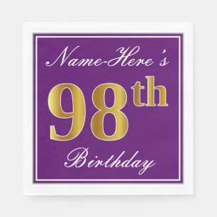 Elegant Paars, Faux Gold 98th Birthday + Naam Servet