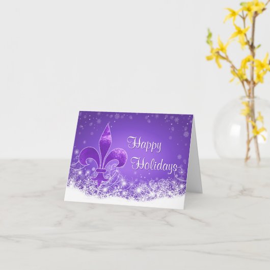 Elegant Paars Fleur-de-lis Snowflake Holiday Card Kaart (Gele Bloem)