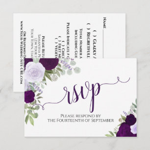 Elegant Paars Floral Calligraphy Wedding RSVP Kaartje