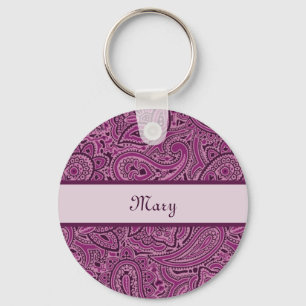 Elegant Paars Floral Paisley Pattern met naam Sleutelhanger