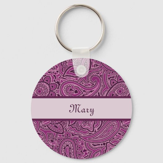 Elegant Paars Floral Paisley Pattern met naam Sleutelhanger (Voorkant)