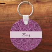 Elegant Paars Floral Paisley Pattern met naam Sleutelhanger (Voorkant)