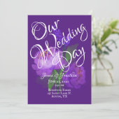 Elegant Paars Floral Script Waterverf Wedding Kaart (Staand voorkant)