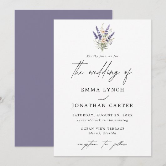 Elegant Paars Floral Wedding Invitation Kaart (Voorkant / Achterkant)