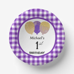 Elegant Paars Gingham & Ballonnen 1e Verjaardag Papieren Kommen