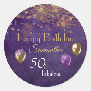 Elegant Paars Gold 50 & Fantastisch Happy Birthday Ronde Sticker