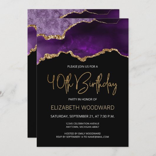 Elegant Paars Gold Agate 40th Birthday Invitation (Voorkant / Achterkant)