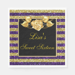 Elegant Paars Gold Glitter Gold Roos Sweet 16 Servet