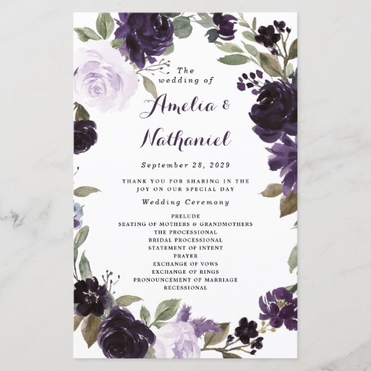 Elegant Paars Gold Green Floral Wedding Programs (Voorkant)