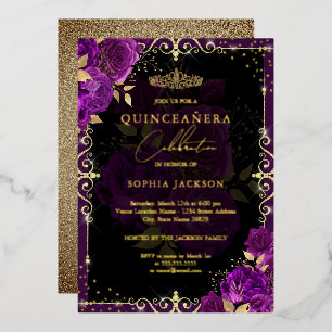 Elegant Paars Gold Roos Quinceanera Folie Uitnodiging