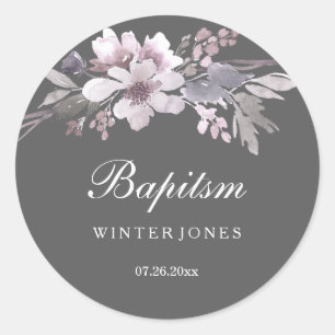 Elegant Paars Gray Floral Baptism Sticker