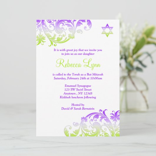Elegant Paars Green Flourish Bat Mitzvah Kaart (Staand voorkant)