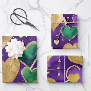 Elegant Paars, Groen en Goud Hartjes Mardi Gras Inpakpapier Vel