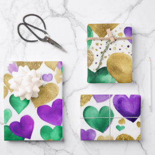 Elegant Paars, Groen en Goud Hartjes Mardi Gras Inpakpapier Vel