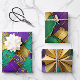 Elegant Paars, Groen en Goud Mardi Gras Abstract Inpakpapier Vel