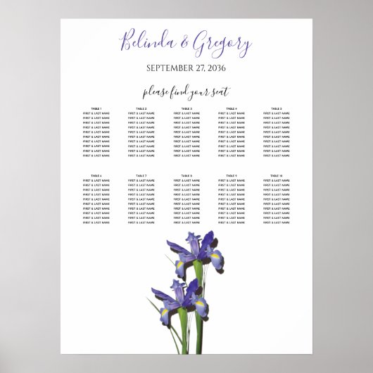 Elegant Paars Iris Wedding Seding Chart Poster (Voorkant)