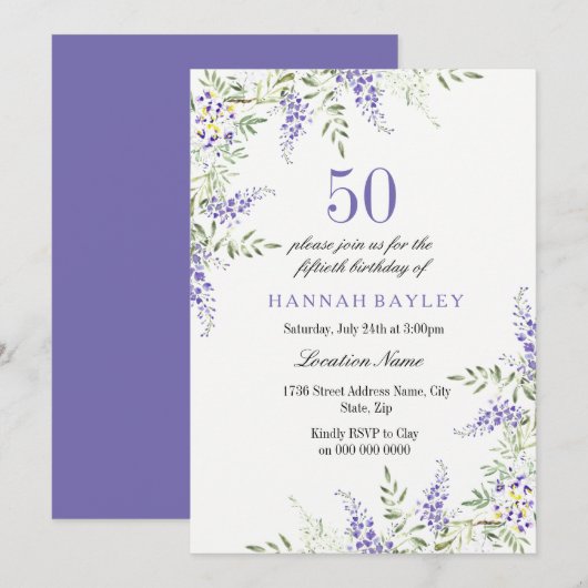 Elegant Paars Lavender 50th Birthday Invite Kaart (Voorkant / Achterkant)