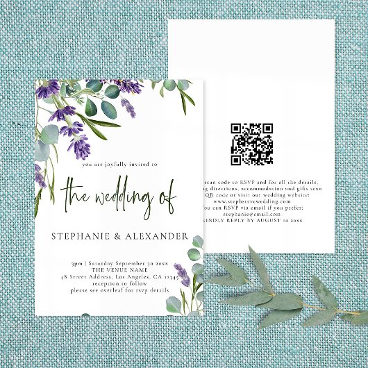 Elegant Paars Lavender Floral QR Code Weddenschap Kaart