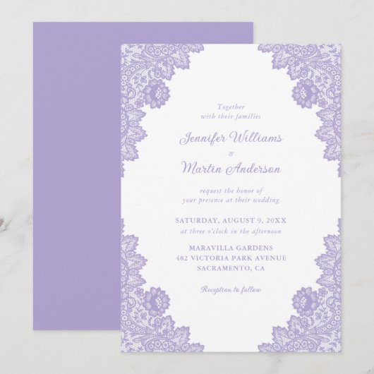Elegant Paars Lavender Lace Wedding Kaart (Voorkant / Achterkant)