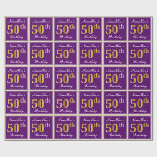 Elegant, Paars, Nep Goud 50ste Verjaardag + Naam Cadeaupapier