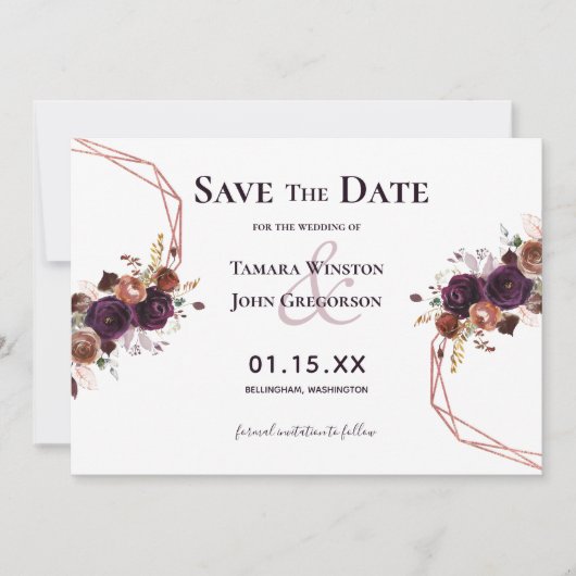 Elegant Paars Roos Gold Floral Geometric Wedding Save The Date (Voorkant)