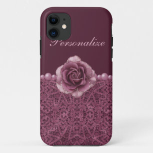 Elegant Paars Roos, kant en parels iPhone 11 Hoesje
