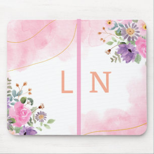 Elegant Paars Roze Bloemig Monogram Eerste Journaa Muismat