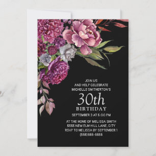 Elegant Paars roze Floral Black 30th Birthday Kaart