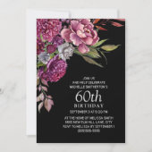 Elegant Paars roze Floral Black 60th Birthday Kaart (Voorkant)