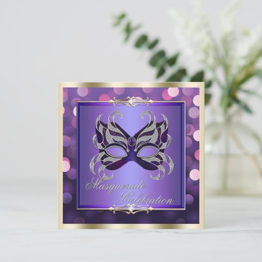 Elegant Paars Shimmering Lights Bokeh Masquerade Kaart (Staand voorkant)