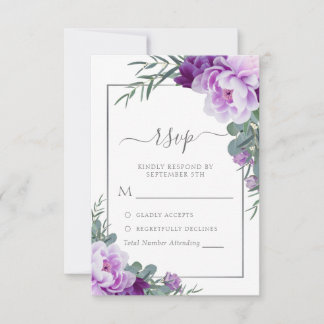 Elegant Paars & Silver Floral Eucalyptus Wedding RSVP Kaartje