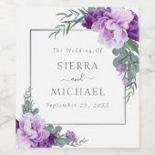 Elegant Paars & Silver Floral Eucalyptus Wedding Wijn Etiket (Enkel label)