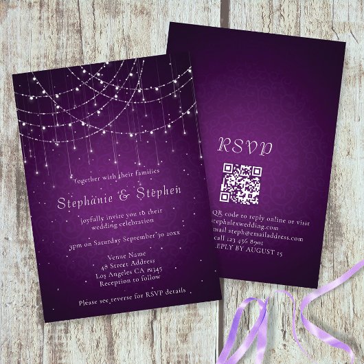 Elegant Paars String Lights QR Code Weddenschap Kaart