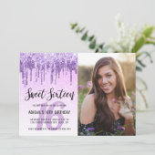 Elegant paars violet glitter druppelt zoet zestien kaart (Staand voorkant)