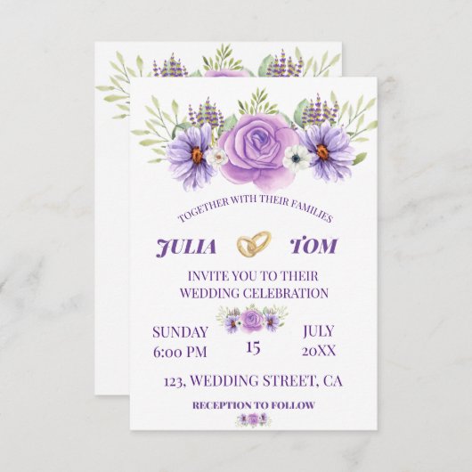 Elegant Paars water Color Floral Wedding RSVP Kaartje (Voorkant / Achterkant)