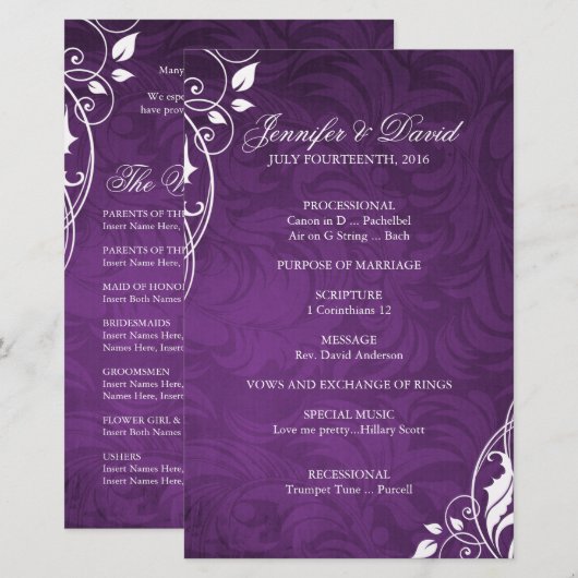 Elegant Paars Wedding Programme (Voorkant / Achterkant)