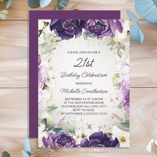 Elegant Paars White Floral Glitter 21st Birthday Kaart
