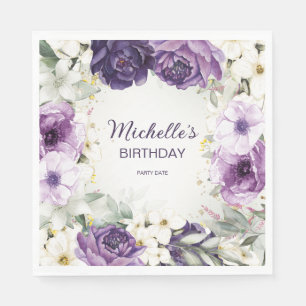 Elegant Paars White Floral Glitter Birthday Name Servet