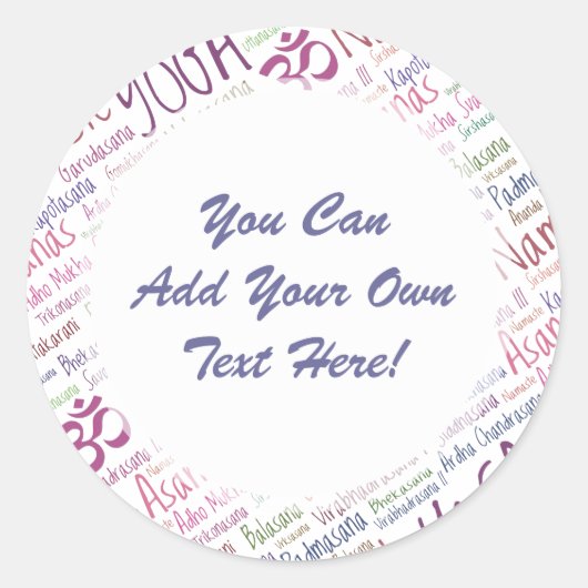 Elegant Paars Yoga Posities Word Cloud Pattern Ronde Sticker (Voorkant)