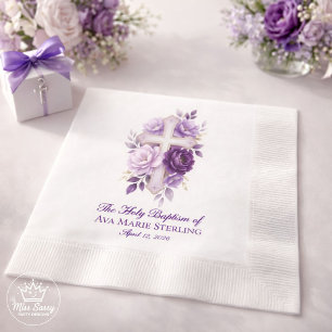Elegant Paarse Aquarel Bloemenkruis Christelijk Servet