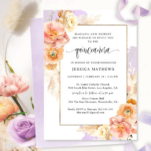 Elegant, Paarse bloemen en Waterverf Quinceañera Kaart