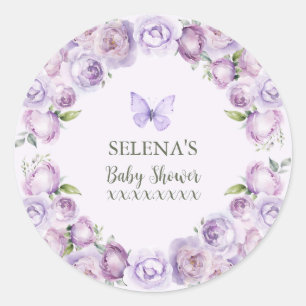 Elegant Paarse Bloemen Vlinder Baby shower Ronde Sticker