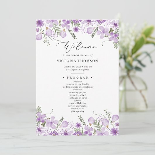 Elegant Paarse Bloemen Vrijgezellenfeest Programma (Staand voorkant)