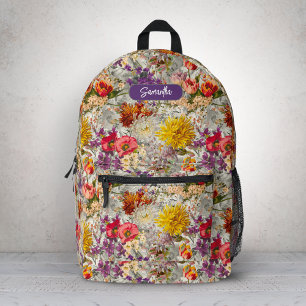 Elegant paarse bloemengrijs patroonmonogram bedrukte rugzak